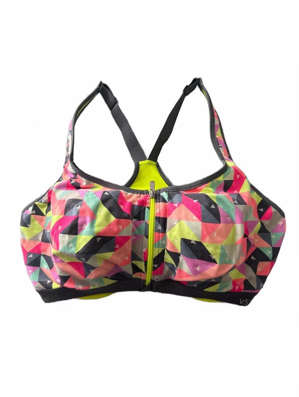 Victoria's Secret VSX Sport Bra 38D Front Zip High Impact Neon Geometric